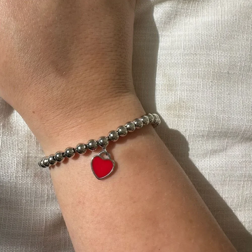Silver bead red heart bracelet